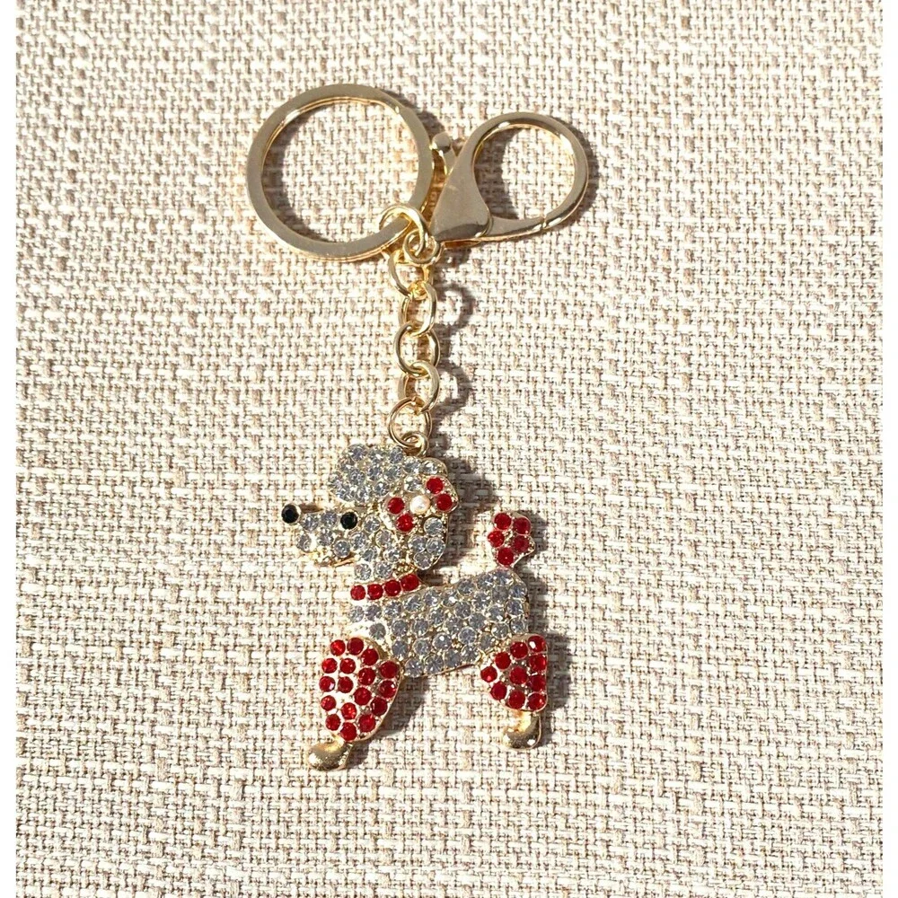 Poodle Rhinestone Charm Keychain Key Holder Multicolor Gold Tone Metal New